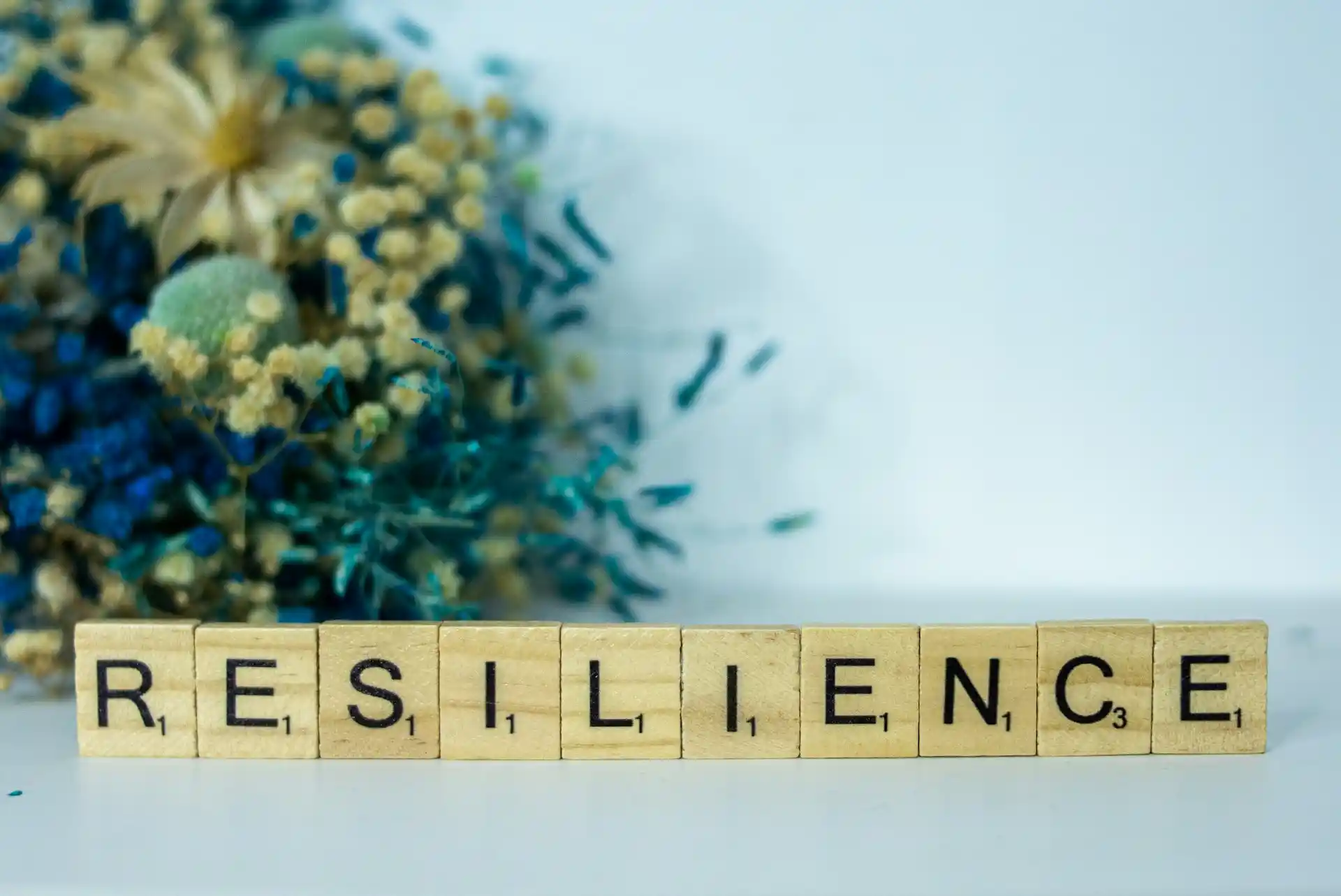 Scrabble tiles spelling out "RESILIENCE" in front of a bouquet of dried flowers, symbolizing the core characteristic of a resilient investment strategy.